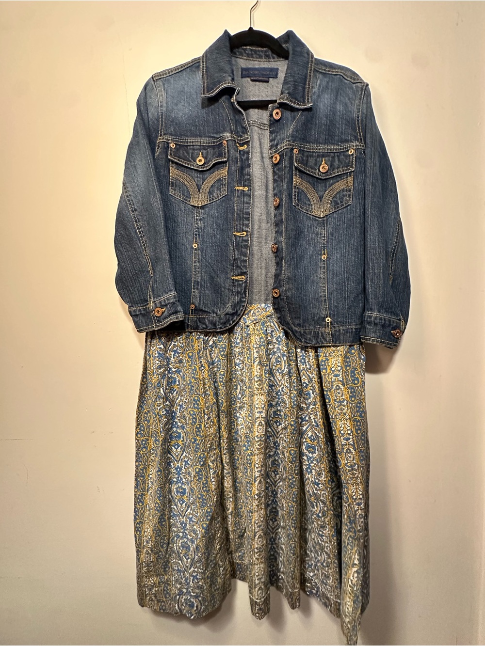 Reworked / Upcycled Denim Duster Jacket with Vintage Fabric